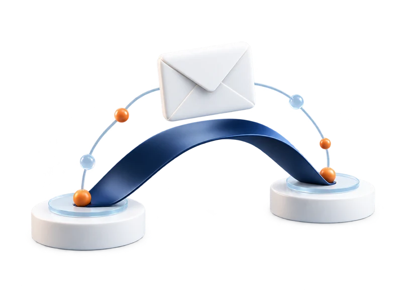 A sculptural navy bridge and floating envelope, illustrating communication across borders